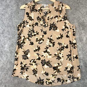 Chaus Blouse Top S Sleeveless Taupe Floral Split Neck Woven Career Casual Flowy
